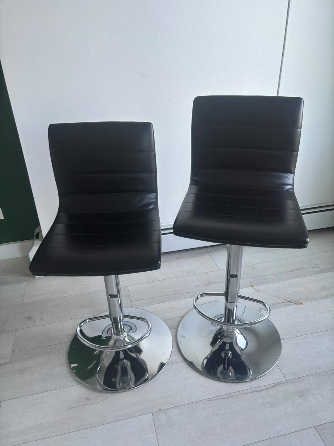 Pair of Black Leather Bar Stools with Chrome Base