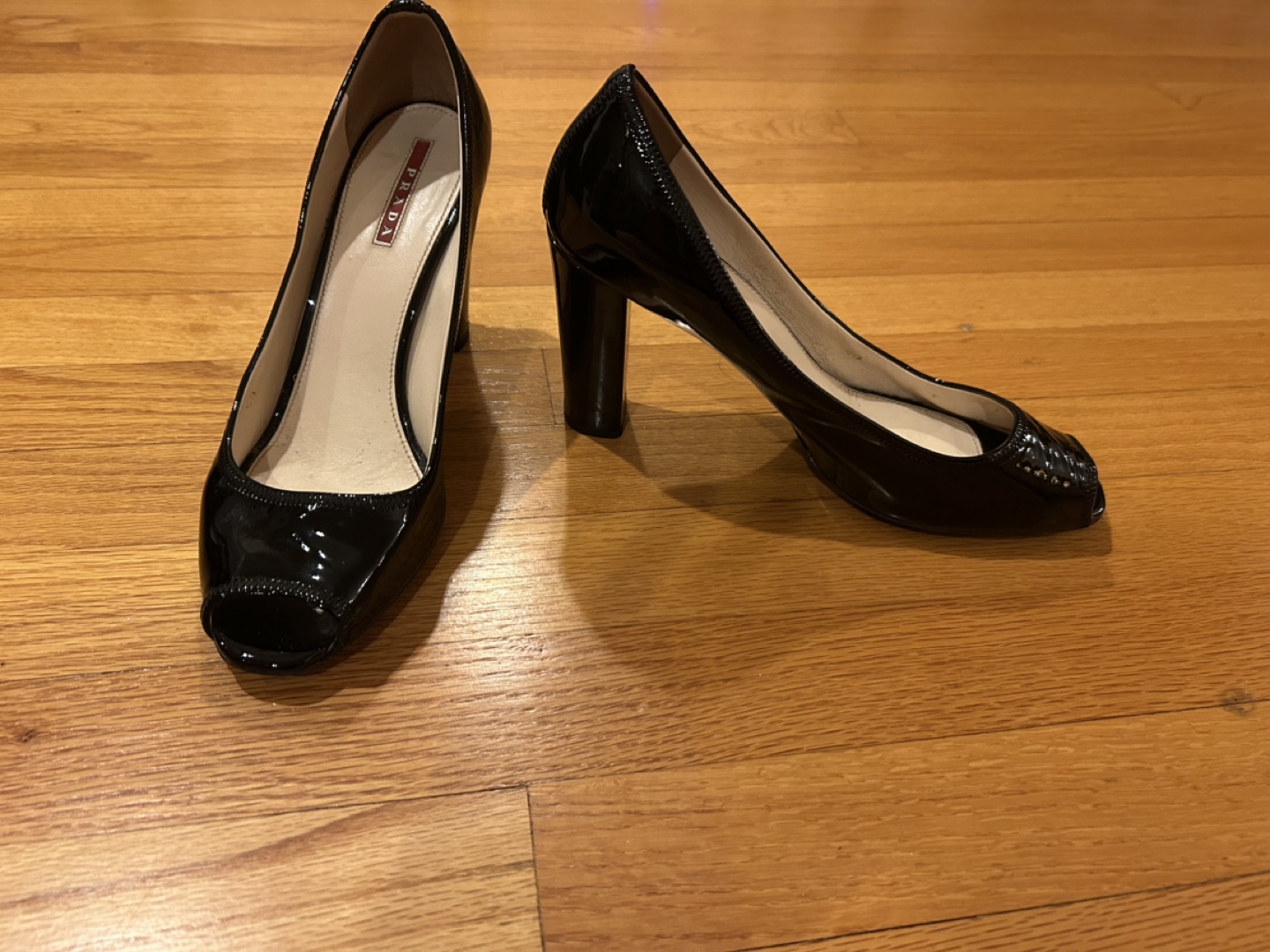 Prada Black Patent Leather Peep Toe Heels