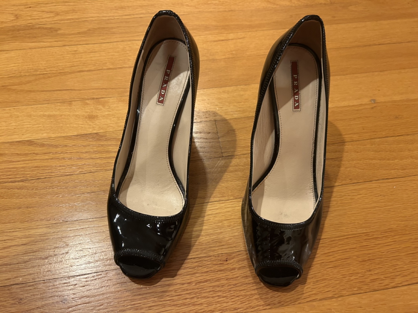 Prada Black Patent Leather Peep Toe Heels - photo 2