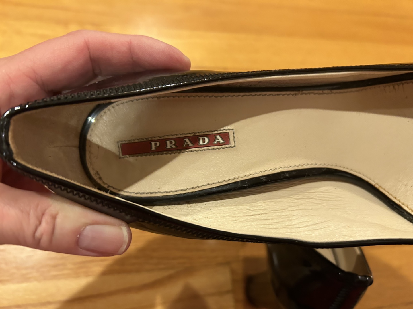 Prada Black Patent Leather Peep Toe Heels - photo 5