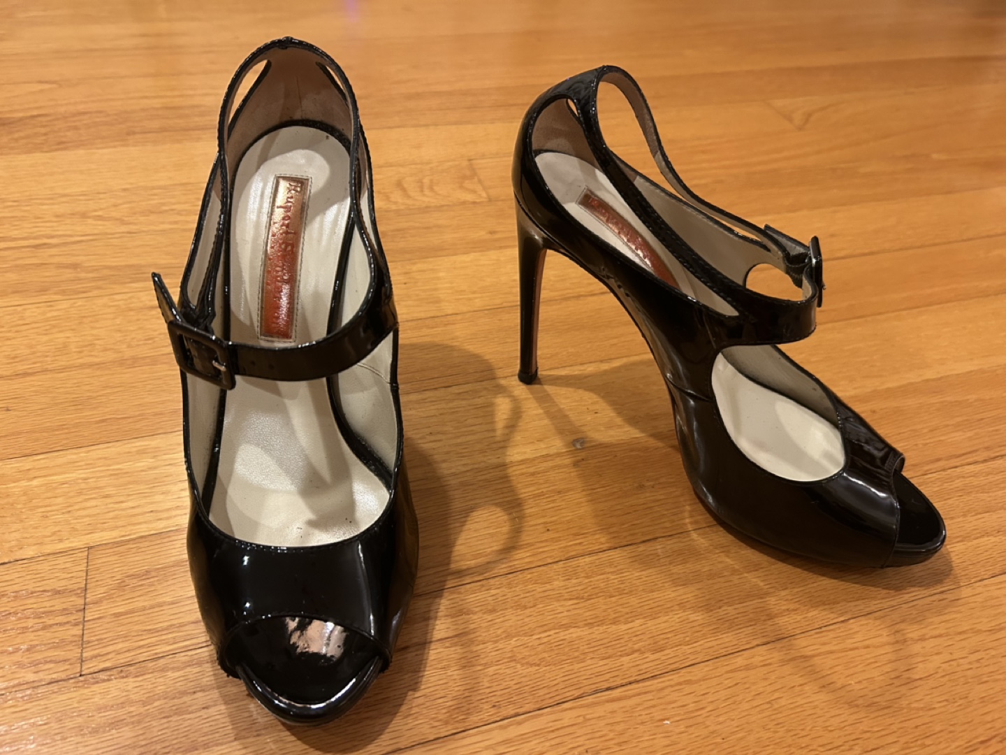 Rupert Sanderson Black Patent Leather Peep Toe Heels Size 40