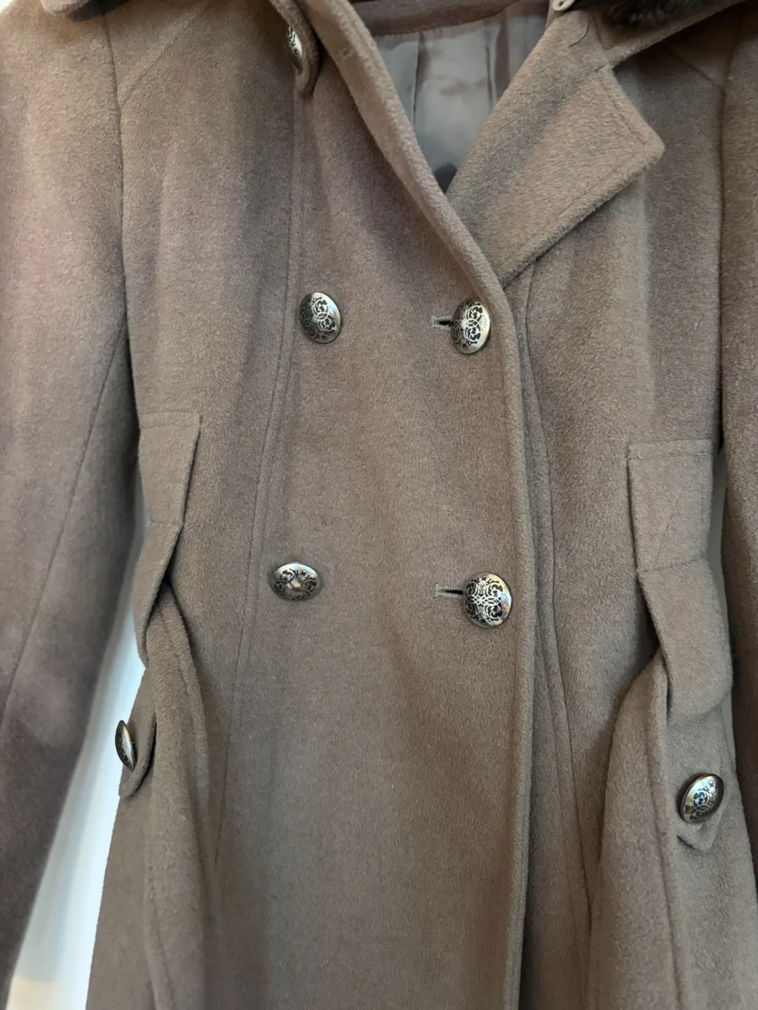 Tahari Double Breasted Peacoat with Faux Fur Collar image indicator(4)