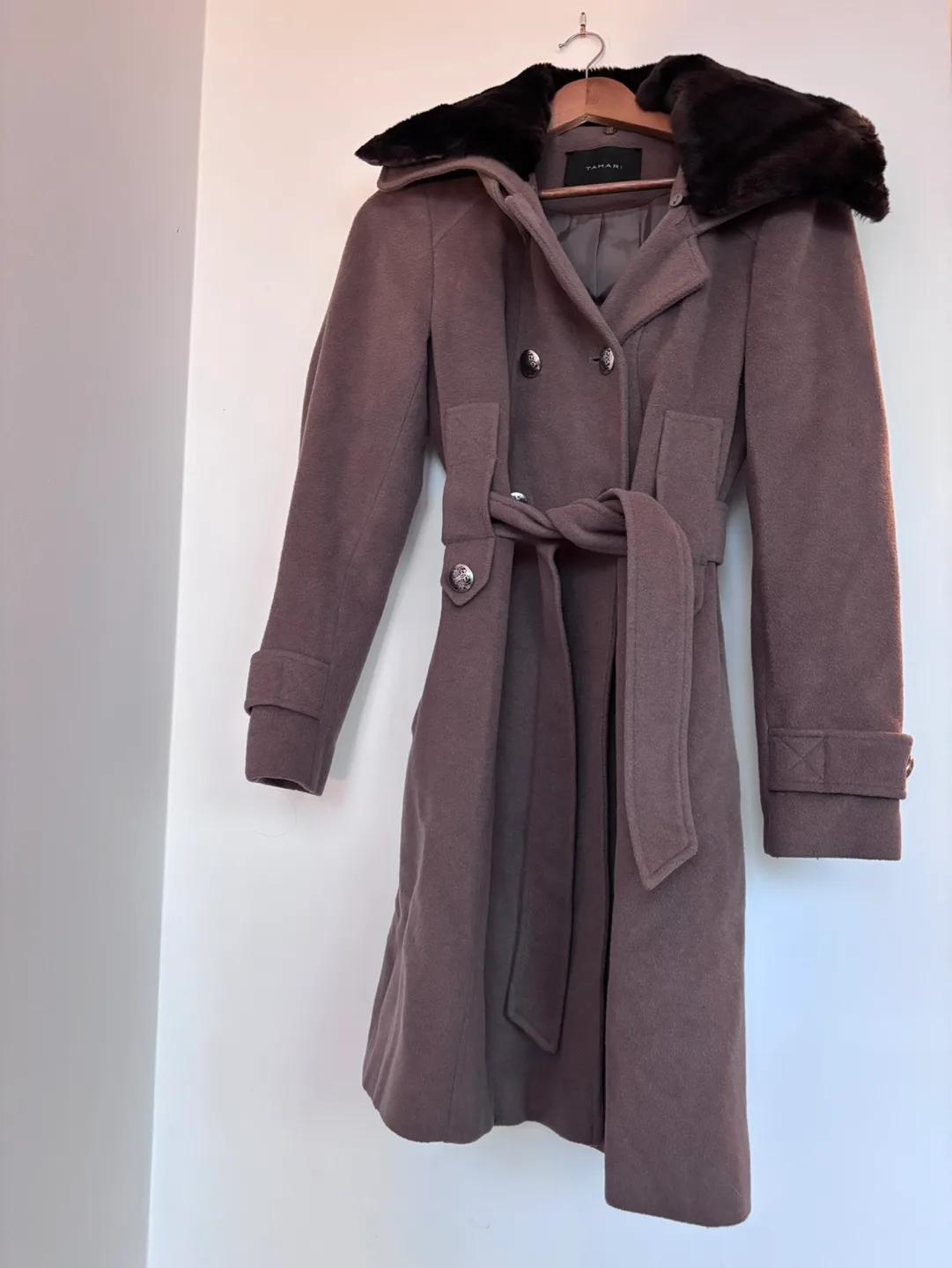 Tahari Double Breasted Peacoat with Faux Fur Collar image indicator(7)