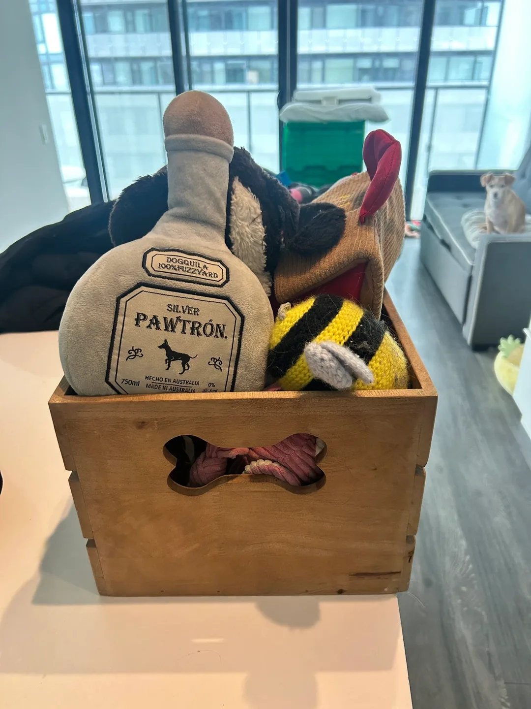 Wooden Dog Toy Crate with Assorted Plush Toys thumbnail