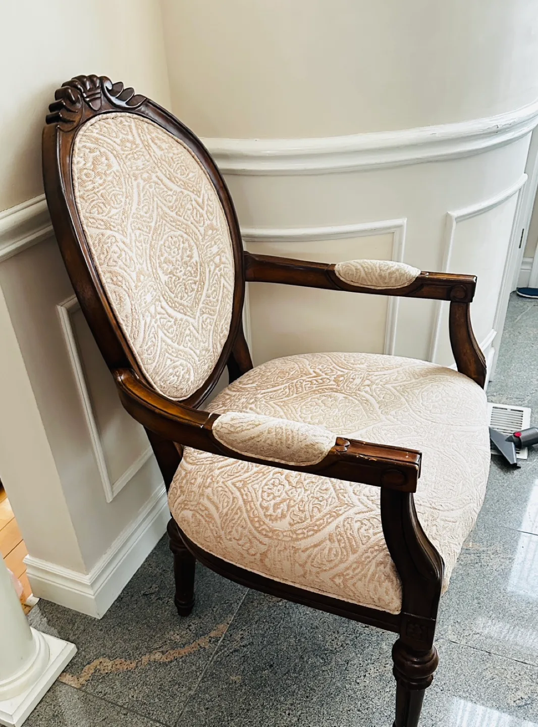 Elegant Armchair, Cream Upholstery, Dark Wood Frame image indicator(2)