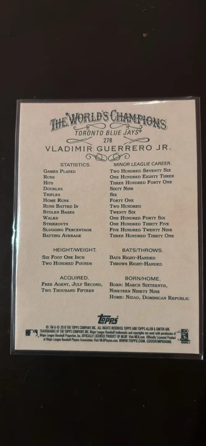 Vladimir Guerrero Jr. 2019 Topps Allen & Ginter Baseball Card image indicator(2)