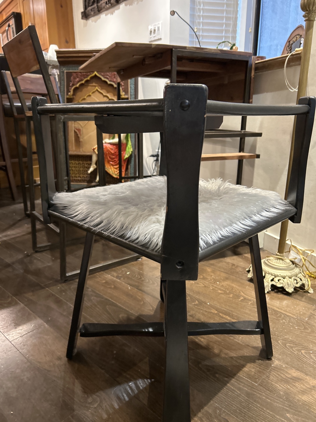 Unique Black Square Chair with Faux Fur Cushion