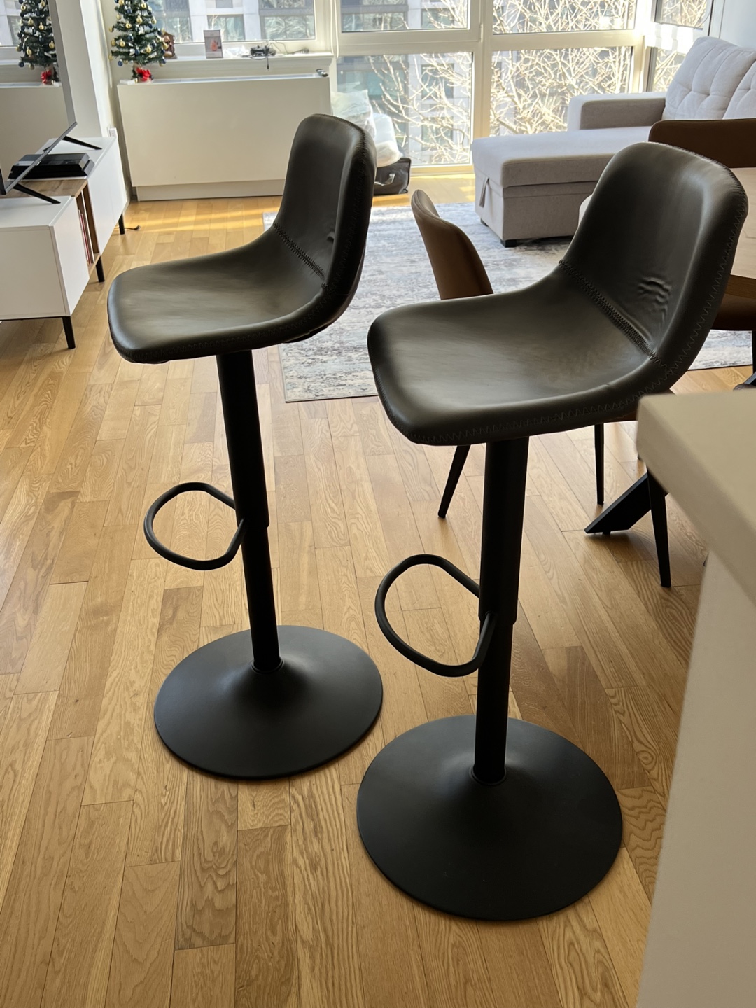 Pair of Light-gray Leather Adjustable Bar Stools
