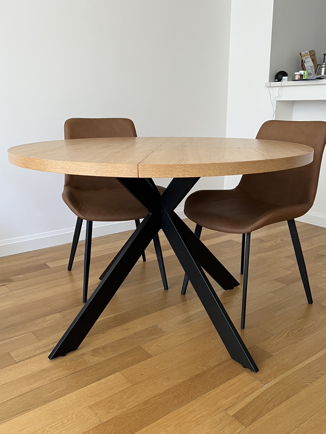 Round Dining Table with Four Brown Leather Chairs - photo 2