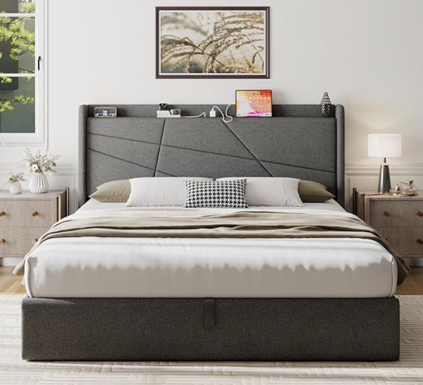 King Size Upholstered Storage Bed Frame with Hydraulic Lift