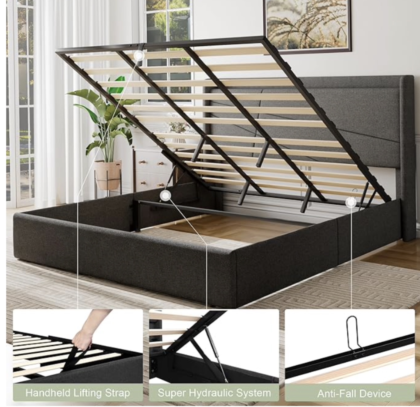 King Size Upholstered Storage Bed Frame with Hydraulic Lift - photo 2
