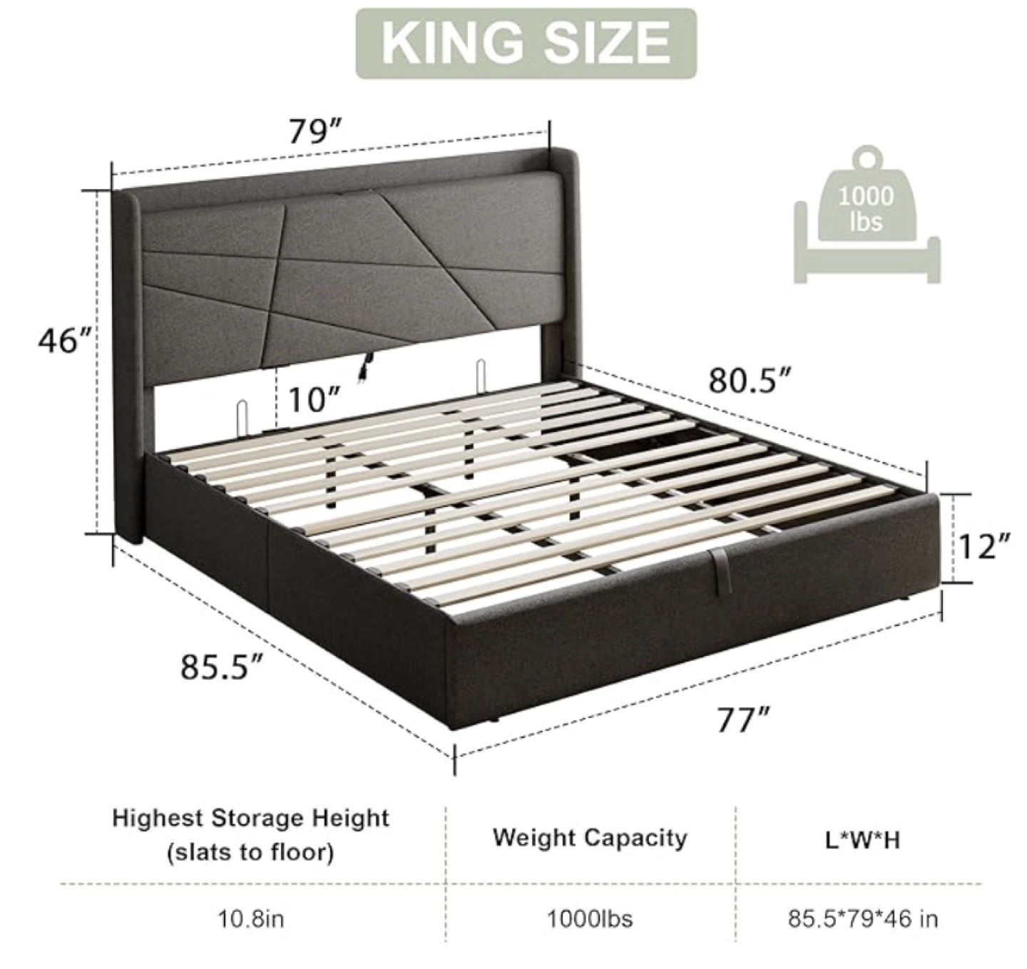 King Size Upholstered Storage Bed Frame with Hydraulic Lift - photo 5