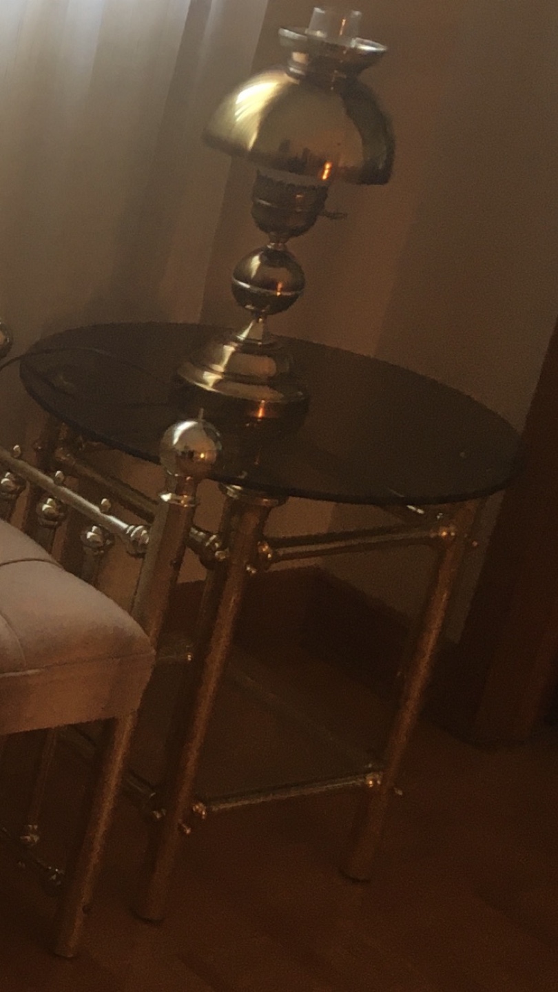 Brass framed side table with round smoke glass top - photo 3
