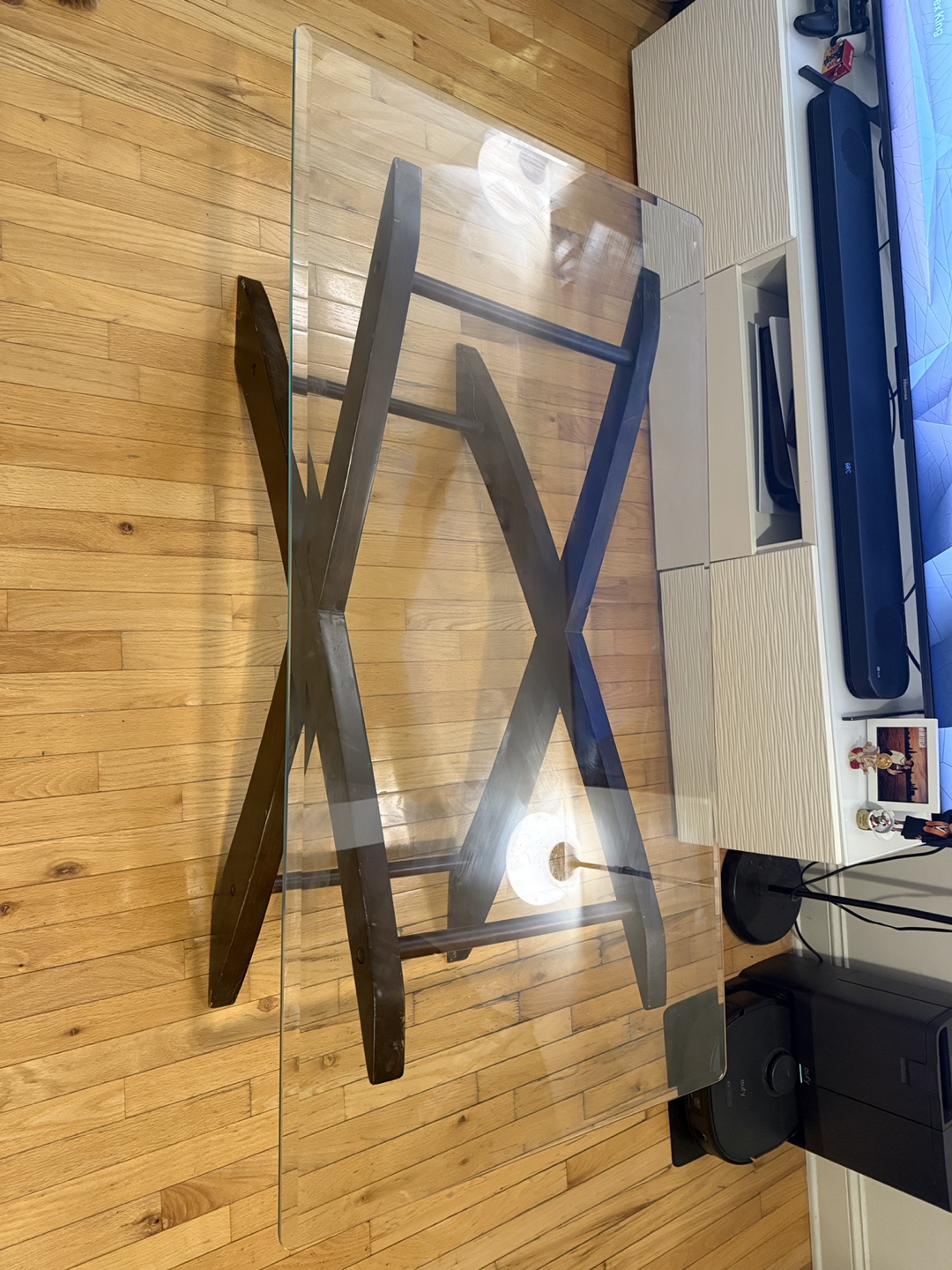 Glass-Top Coffee Table with Dark Wood X-Base