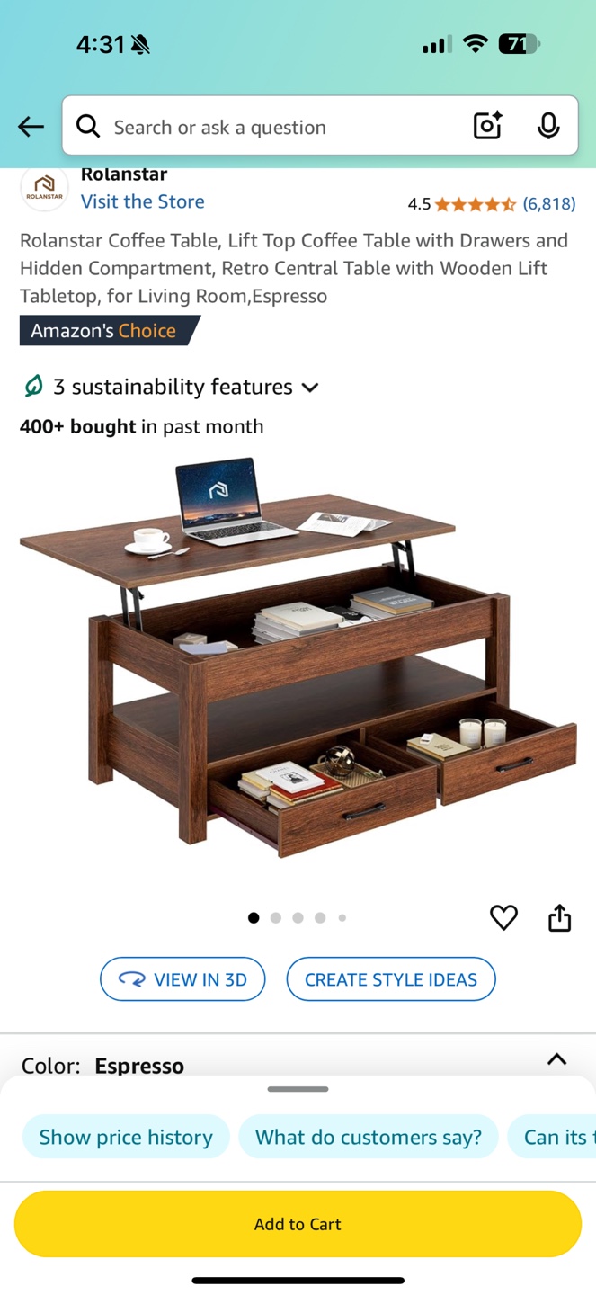 Lift Top Coffee Table with Drawers - Espresso