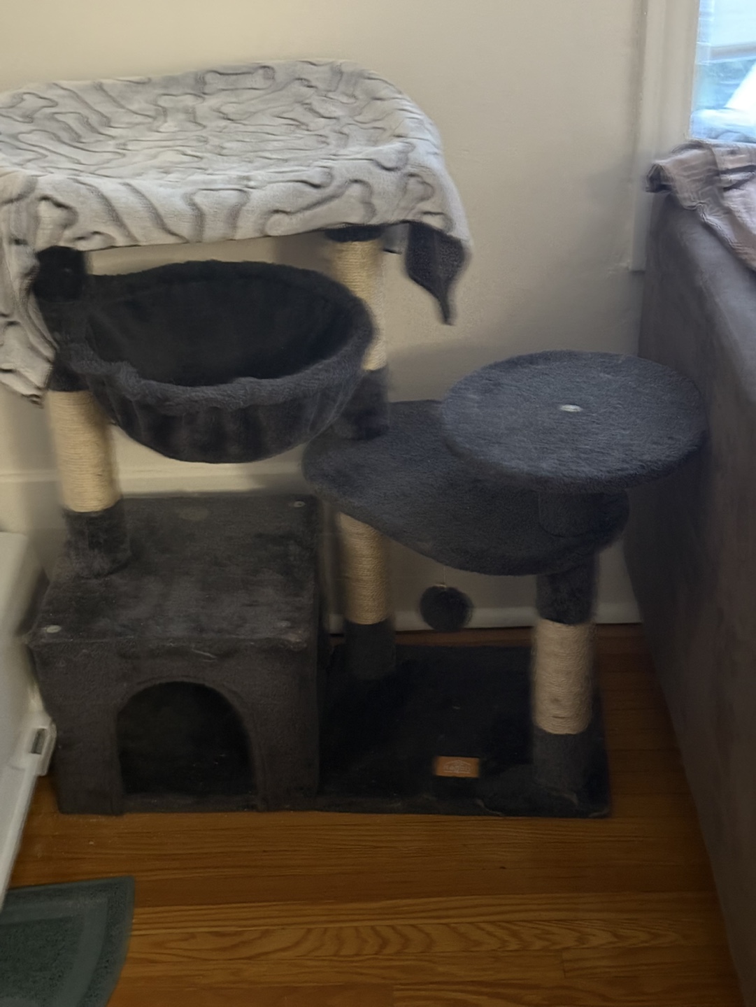 Cat tree, grey, three-tiered