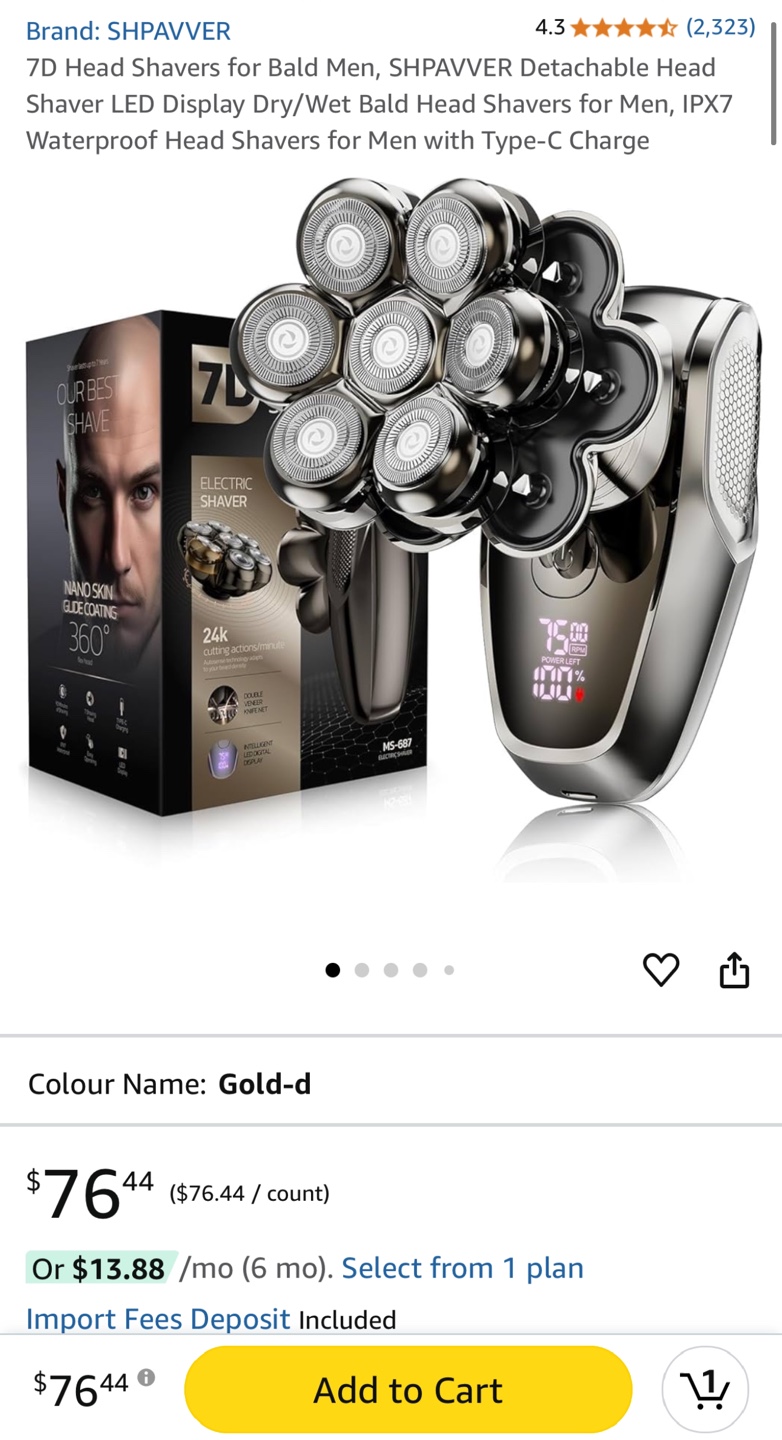 SHPAVVER 7D Floating Electric Shaver, Gold, Model MS-687