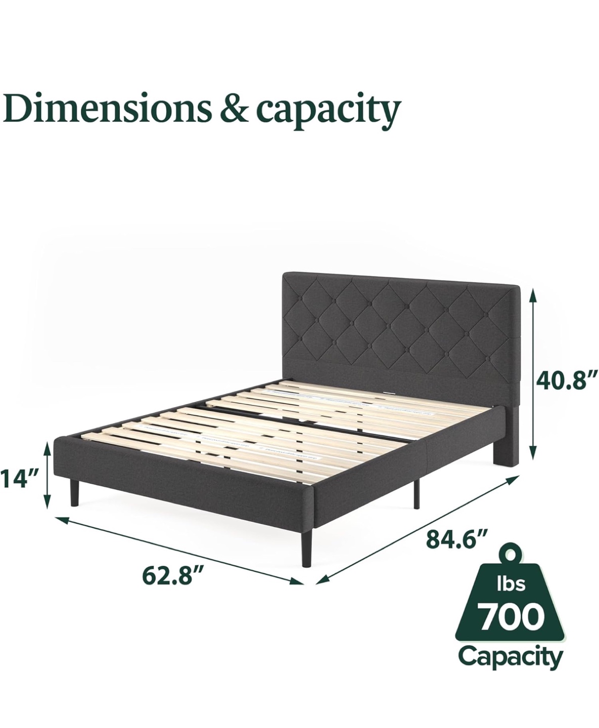 Bed Frame, Queen, Dark Grey - photo 3
