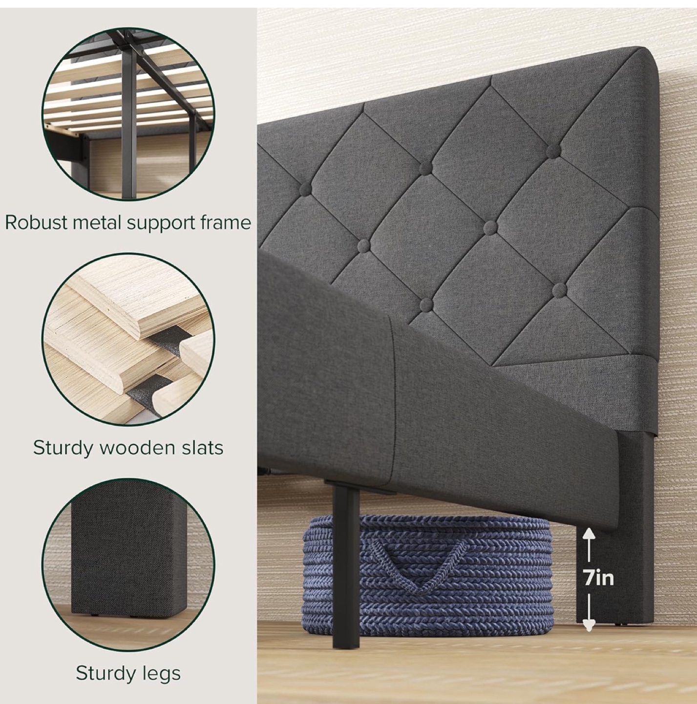 Bed Frame, Queen, Dark Grey - photo 2