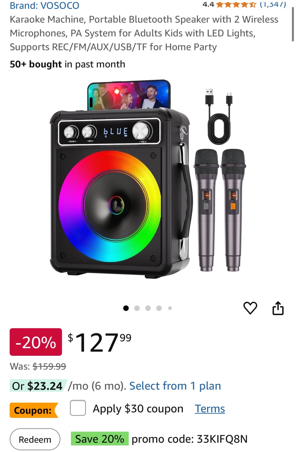 VOSOCO Karaoke Machine with 2 Wireless Microphones