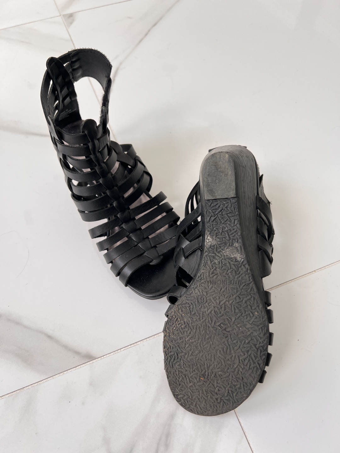 Black Leather Gladiator Wedge Sandals - photo 4