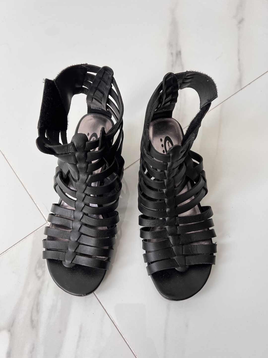 Black Leather Gladiator Wedge Sandals