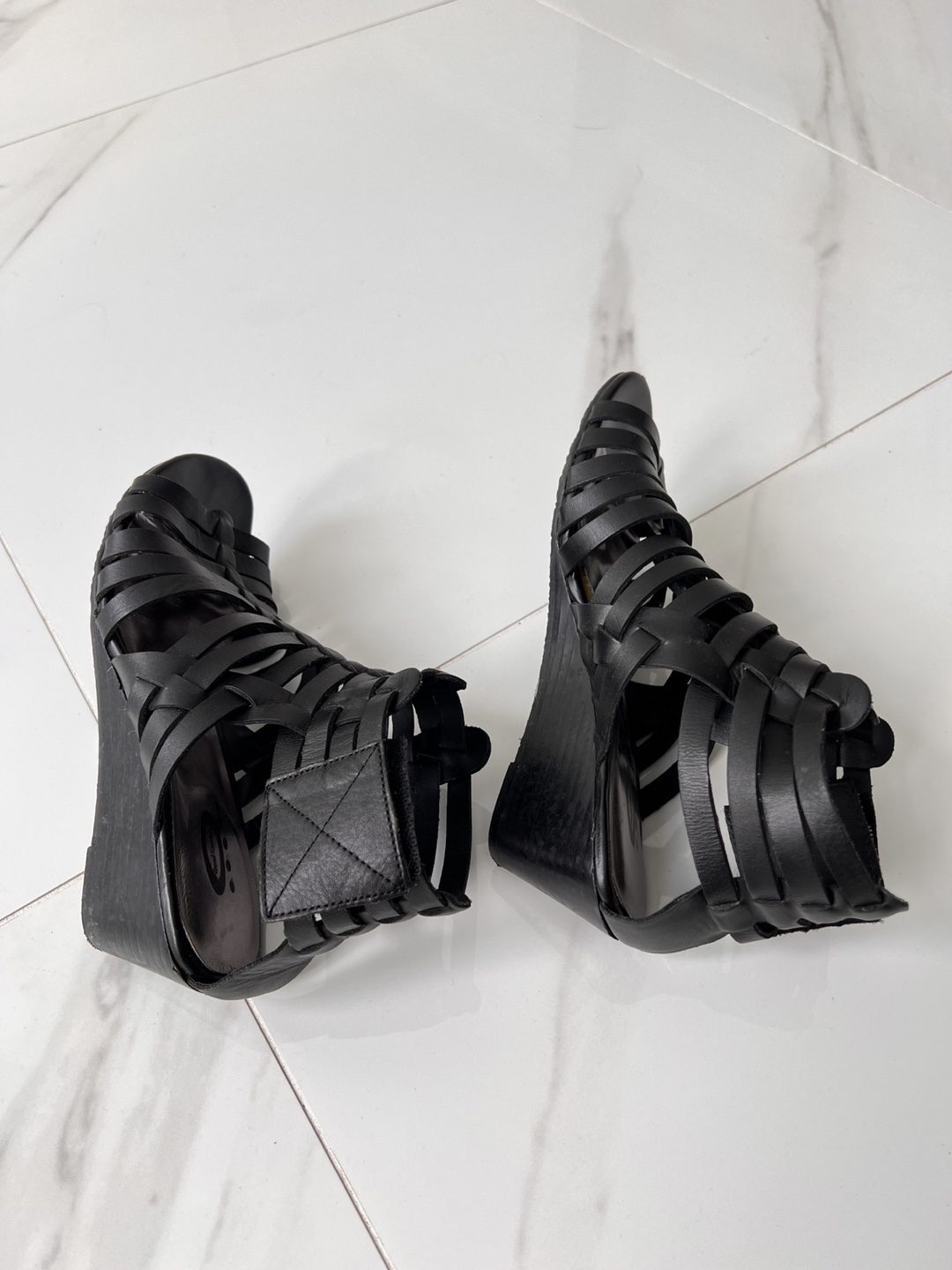 Black Leather Gladiator Wedge Sandals - photo 3