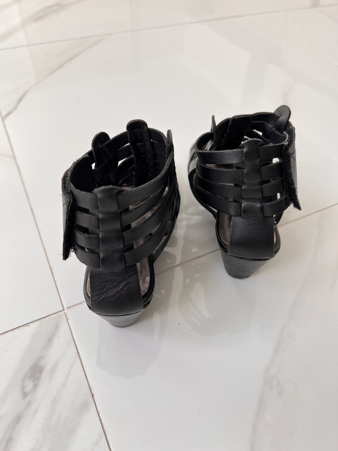 Black Leather Gladiator Wedge Sandals - photo 2