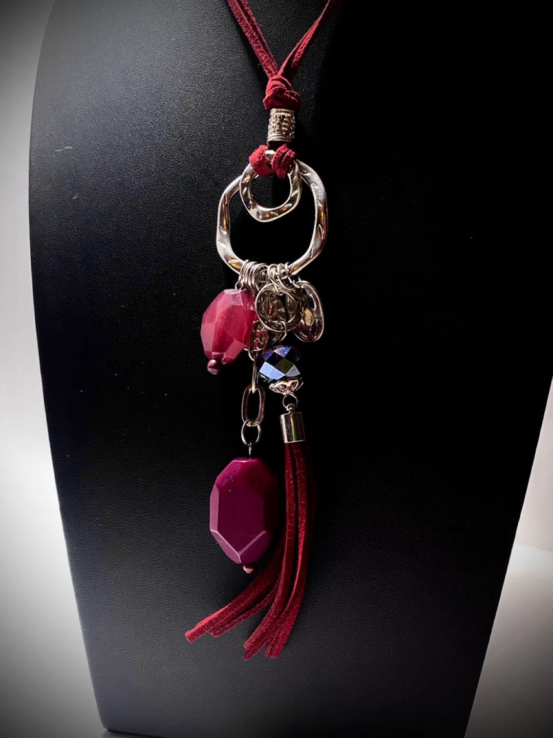 Bohemian Statement Necklace with Cool Red Tassel and Stones image indicator(2)