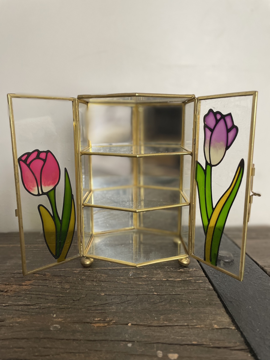 Vintage Brass & Glass Hexagonal Display Case with Tulip Design - photo 2