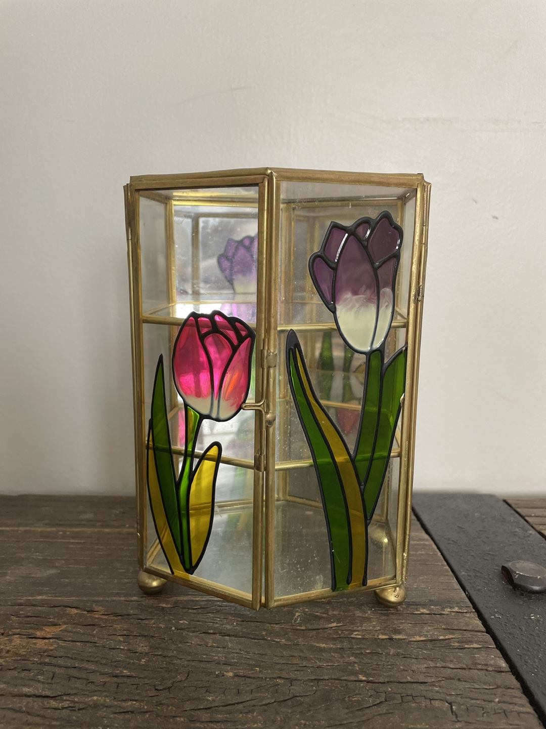 Vintage Brass & Glass Hexagonal Display Case with Tulip Design