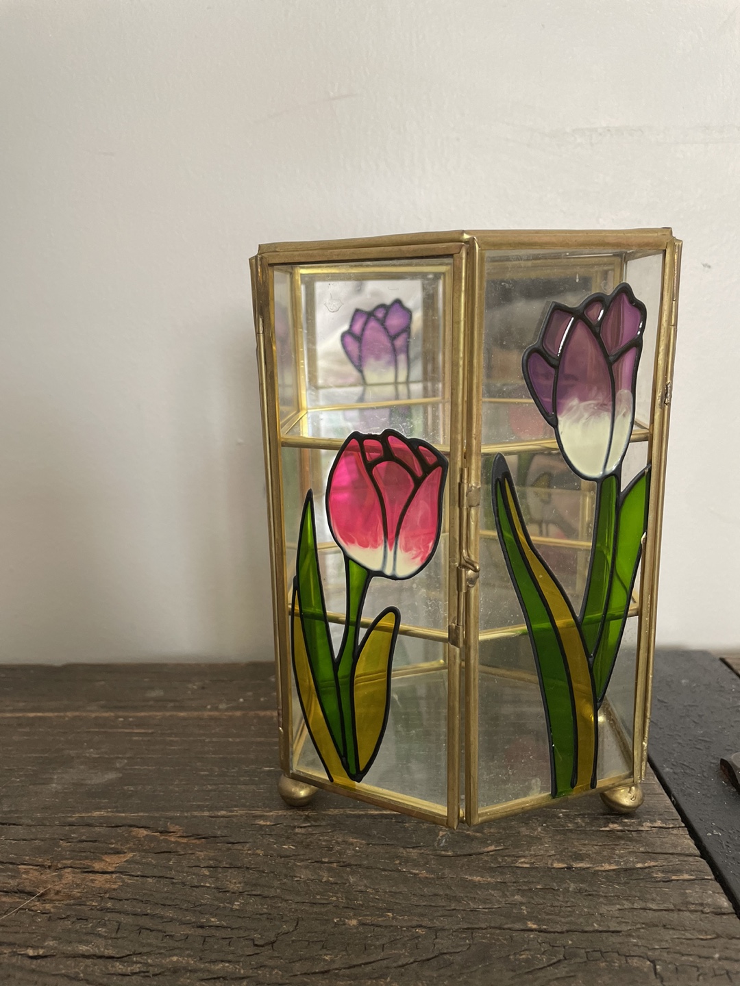 Vintage Brass & Glass Hexagonal Display Case with Tulip Design - photo 3