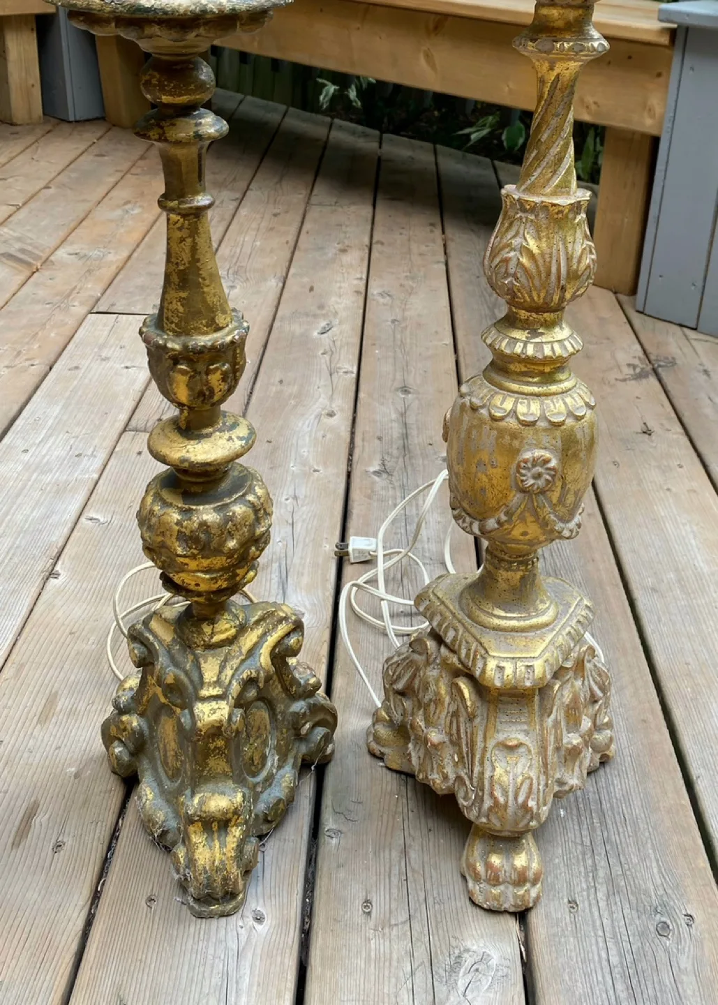 ⭐️2 gilded antique wood alter pricket candlesticks made to lamps image indicator(4)
