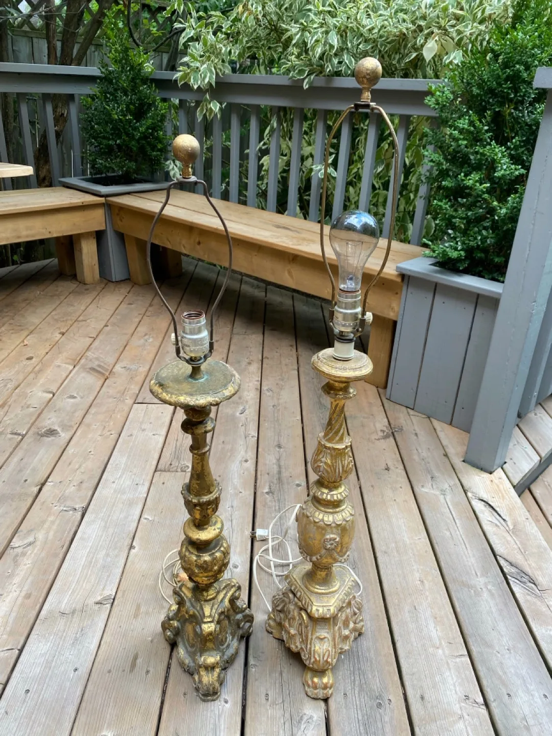 ⭐️2 gilded antique wood alter pricket candlesticks made to lamps image indicator(3)