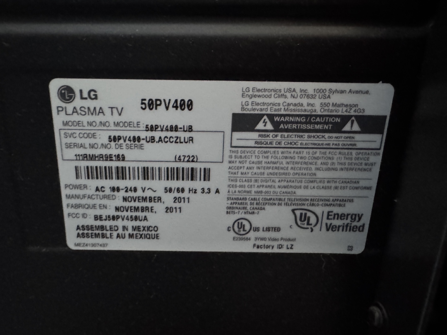 LG 50 inch Plasma TV