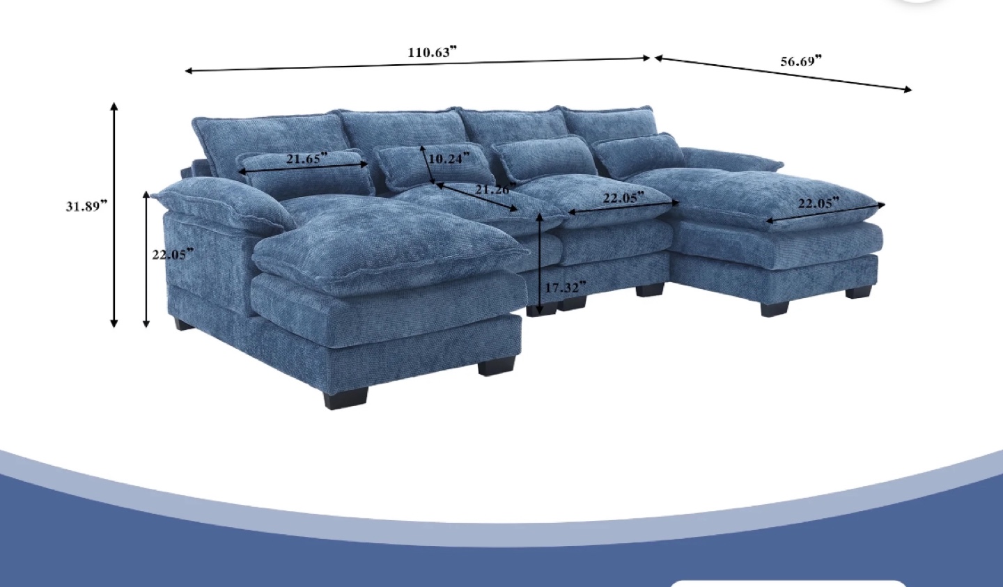 Sectional Sofa - Blue Velvet L-Shape Couch with Pillows - photo 2