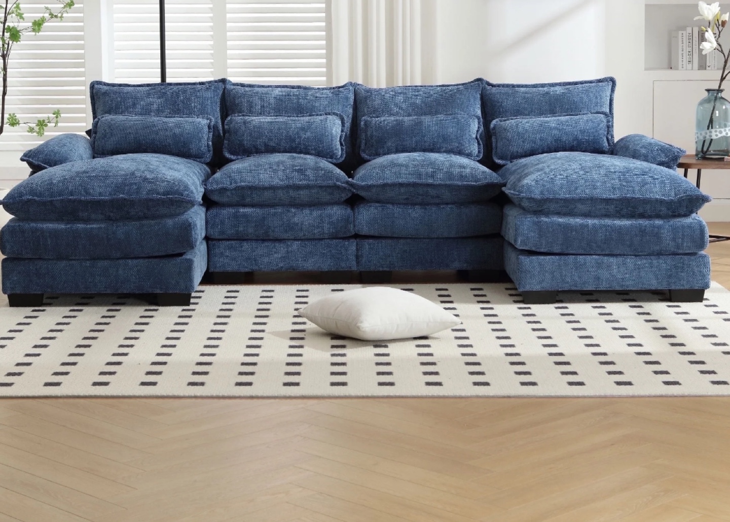 Sectional Sofa - Blue Velvet L-Shape Couch with Pillows - photo 3