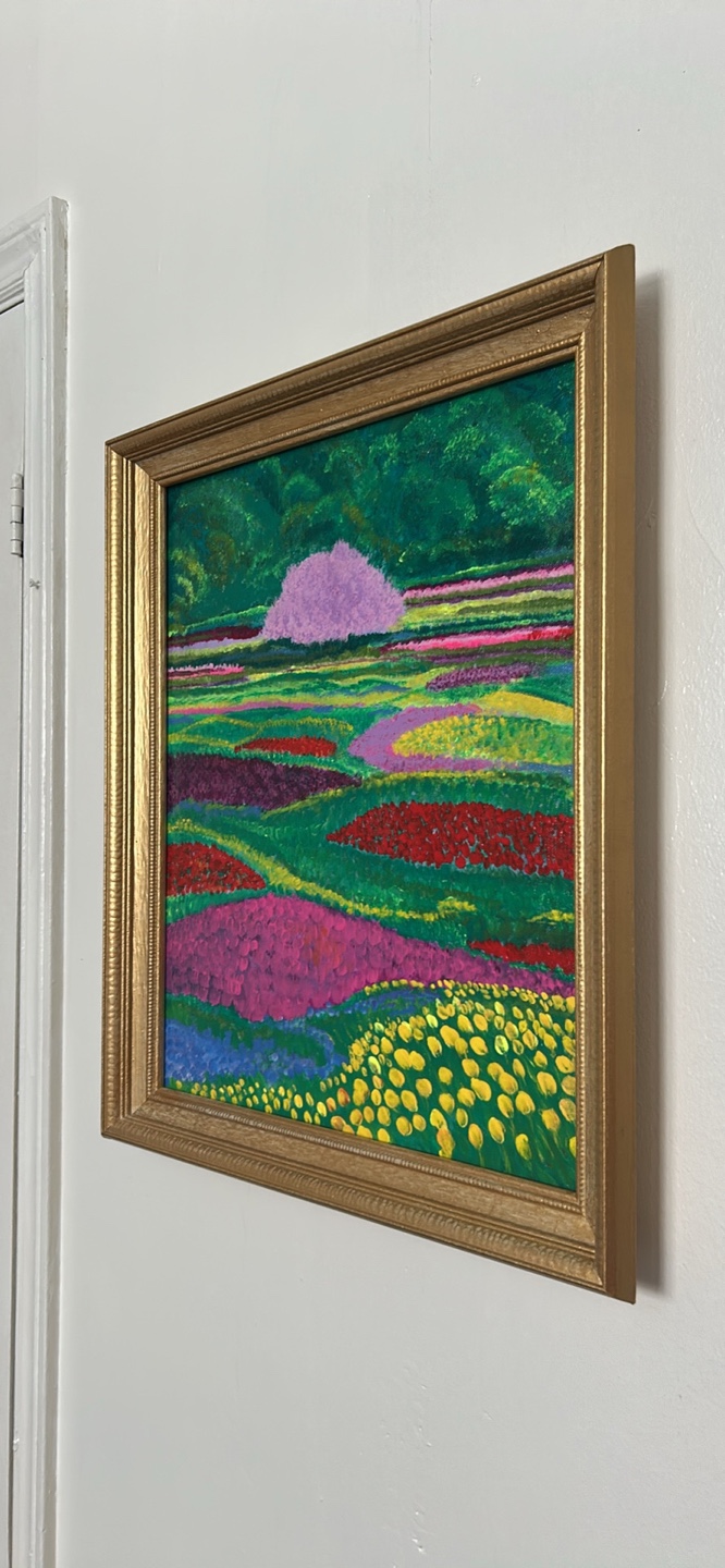 Vibrant Floral Landscape Painting in Gold Frame