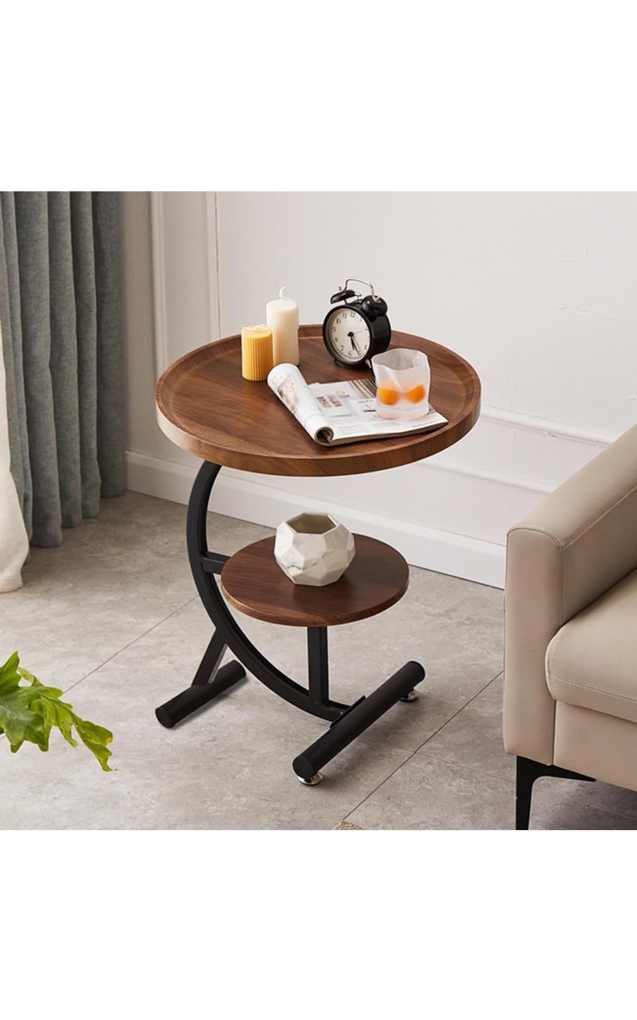 Two-Tier Round Side Table with Metal Frame