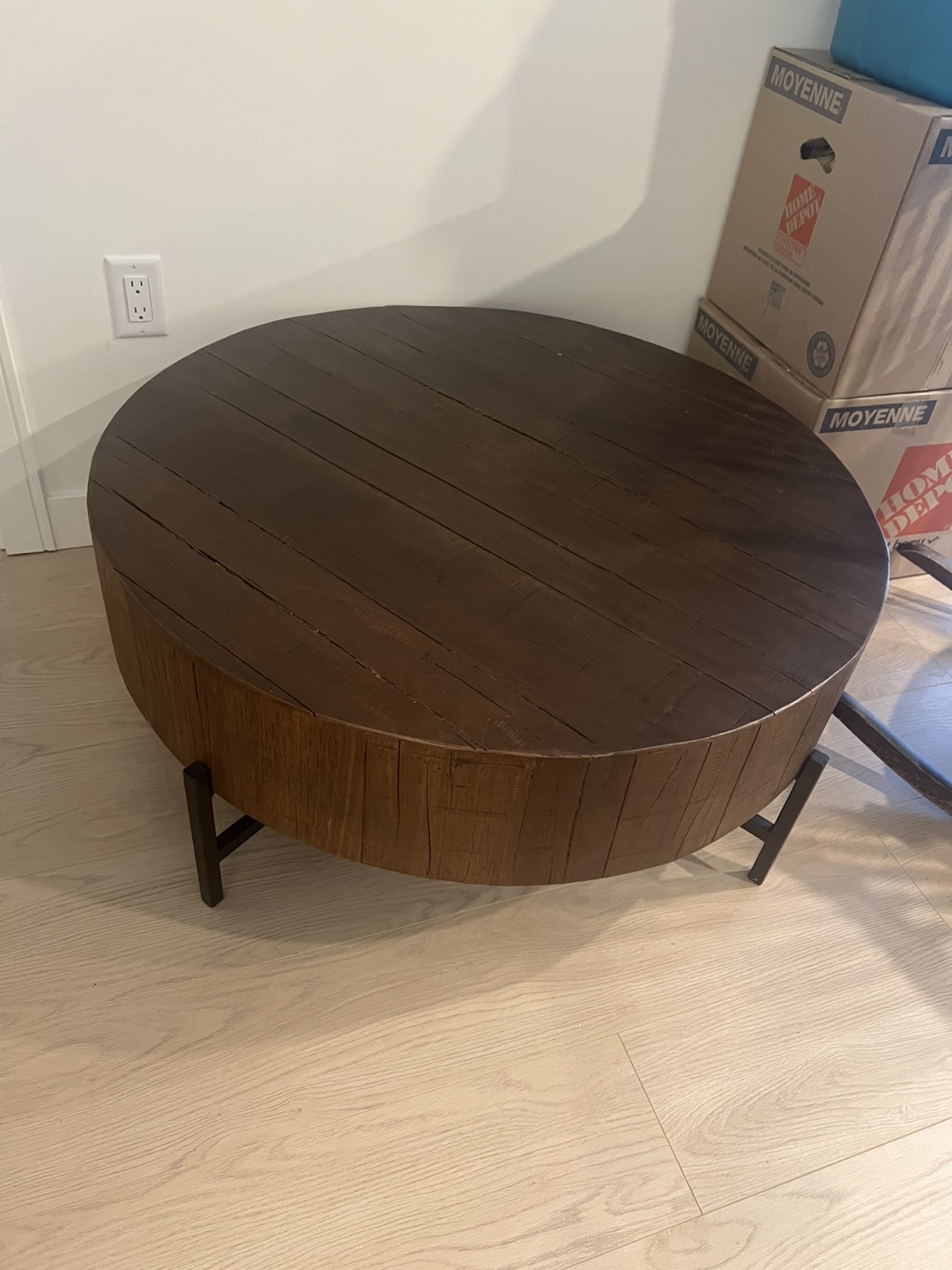 Round Wood Coffee Table with Black Metal Legs
