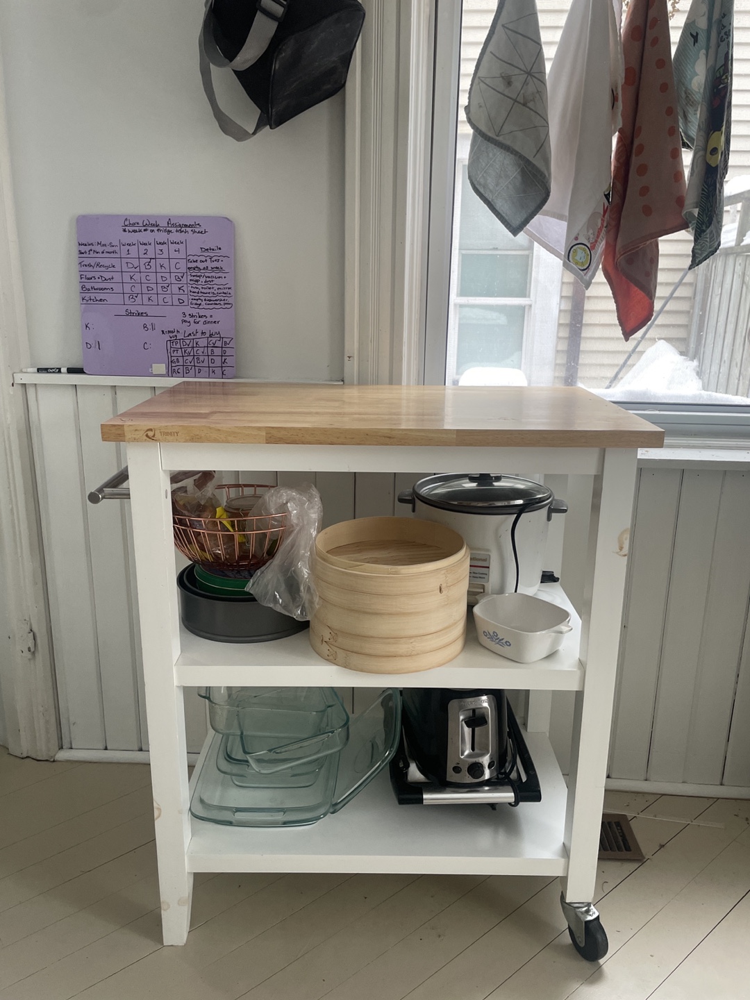 White Kitchen Cart with Butcher Block Top