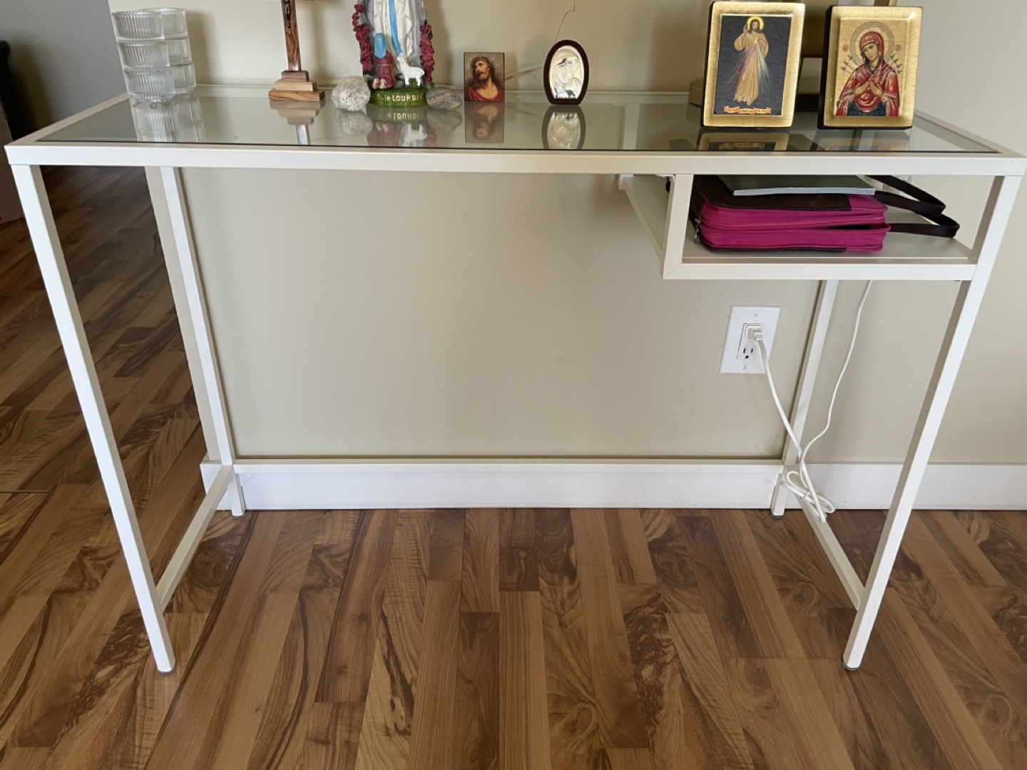 White Metal and Glass Desk with Shelf - photo 2