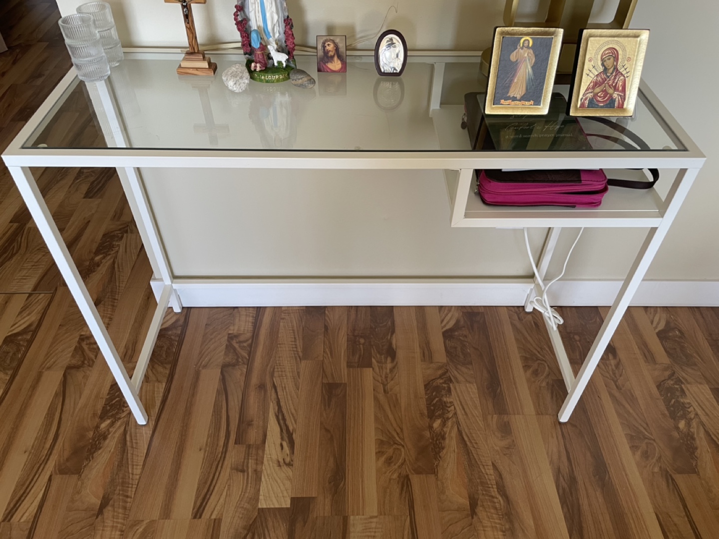 White Metal and Glass Desk with Shelf