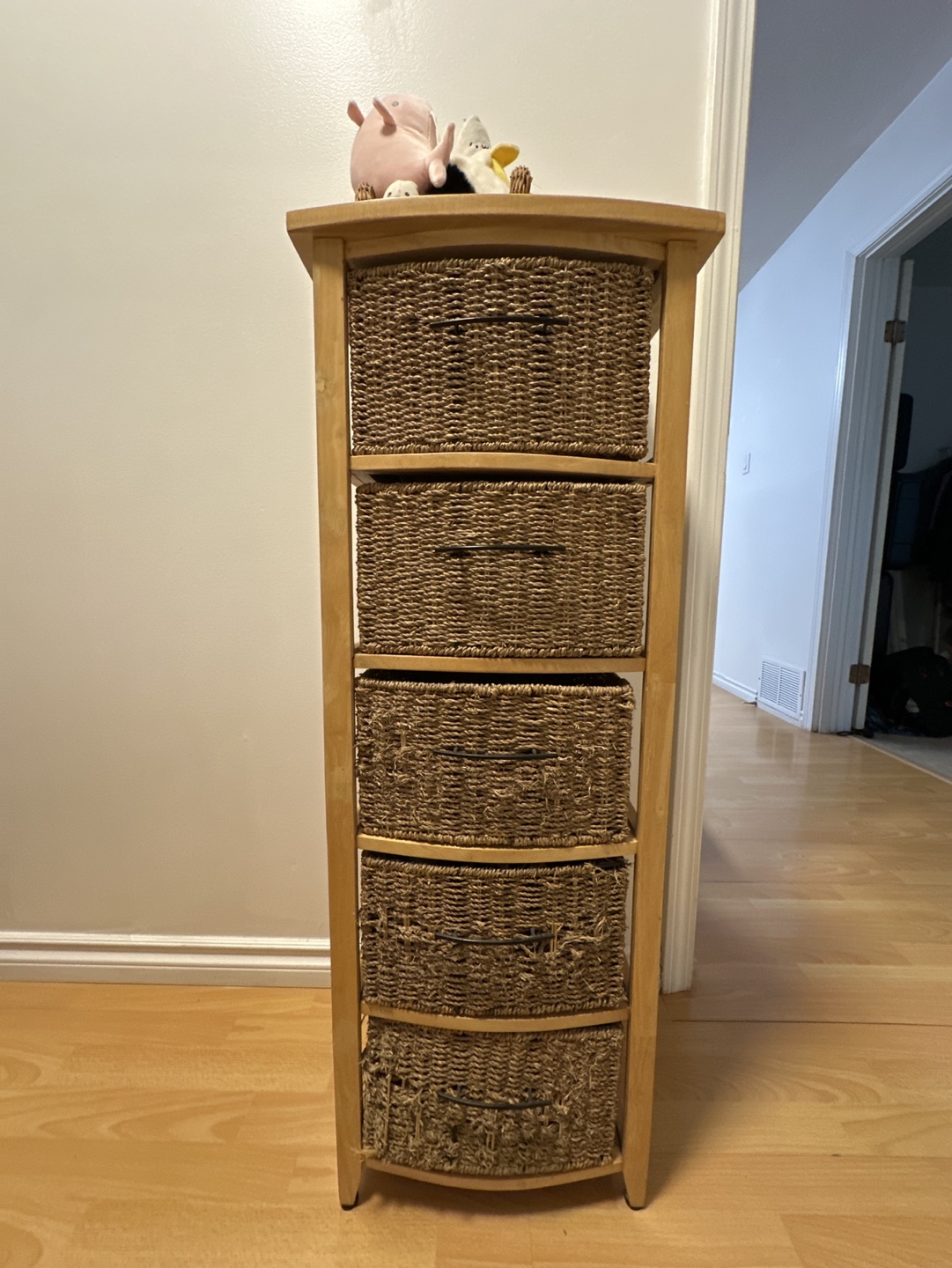 Five-Drawer Wooden Storage Unit with Wicker Baskets