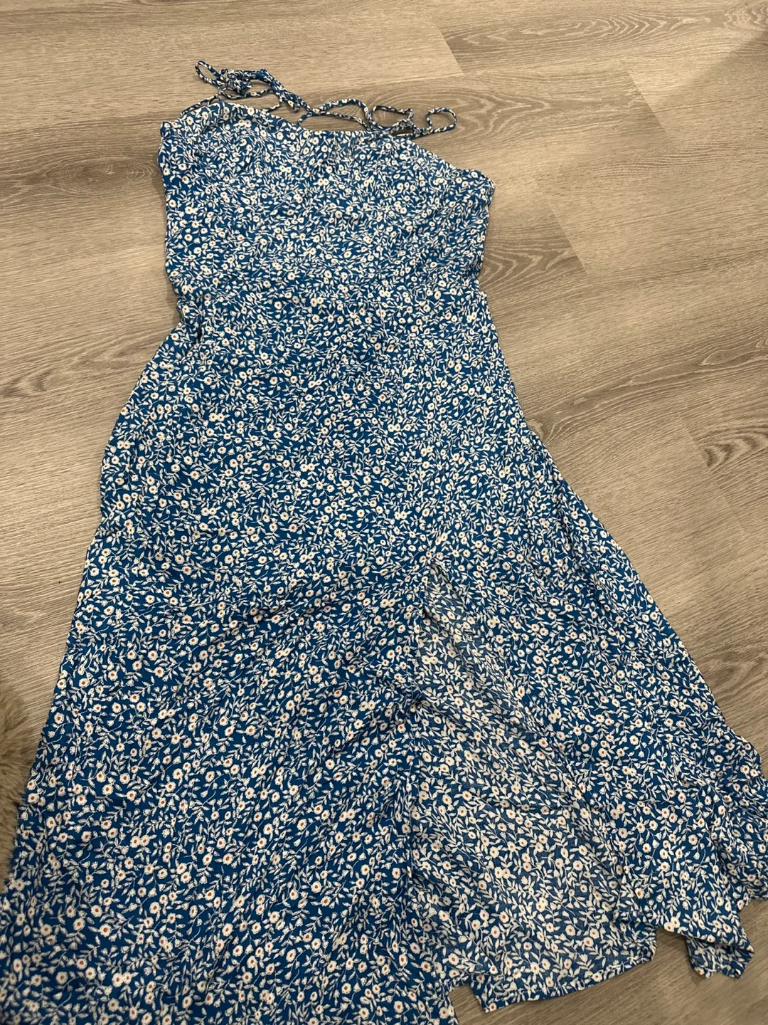 Blue floral slit midi dress with straps thumbnail
