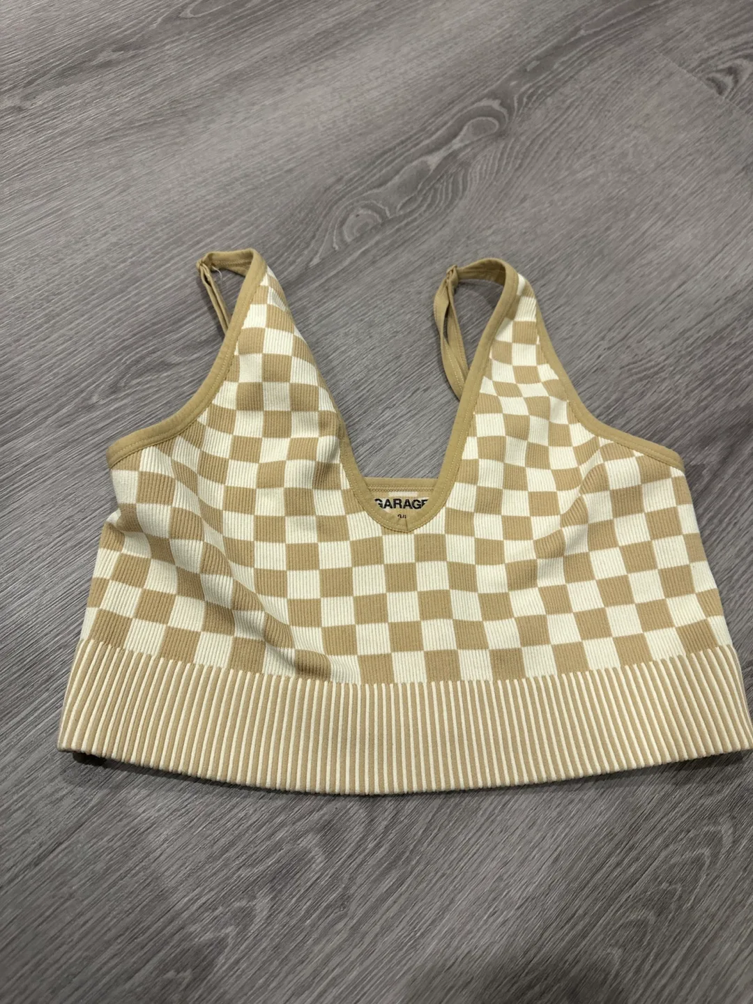 Garage Beige Checkered Knit Crop Top thumbnail