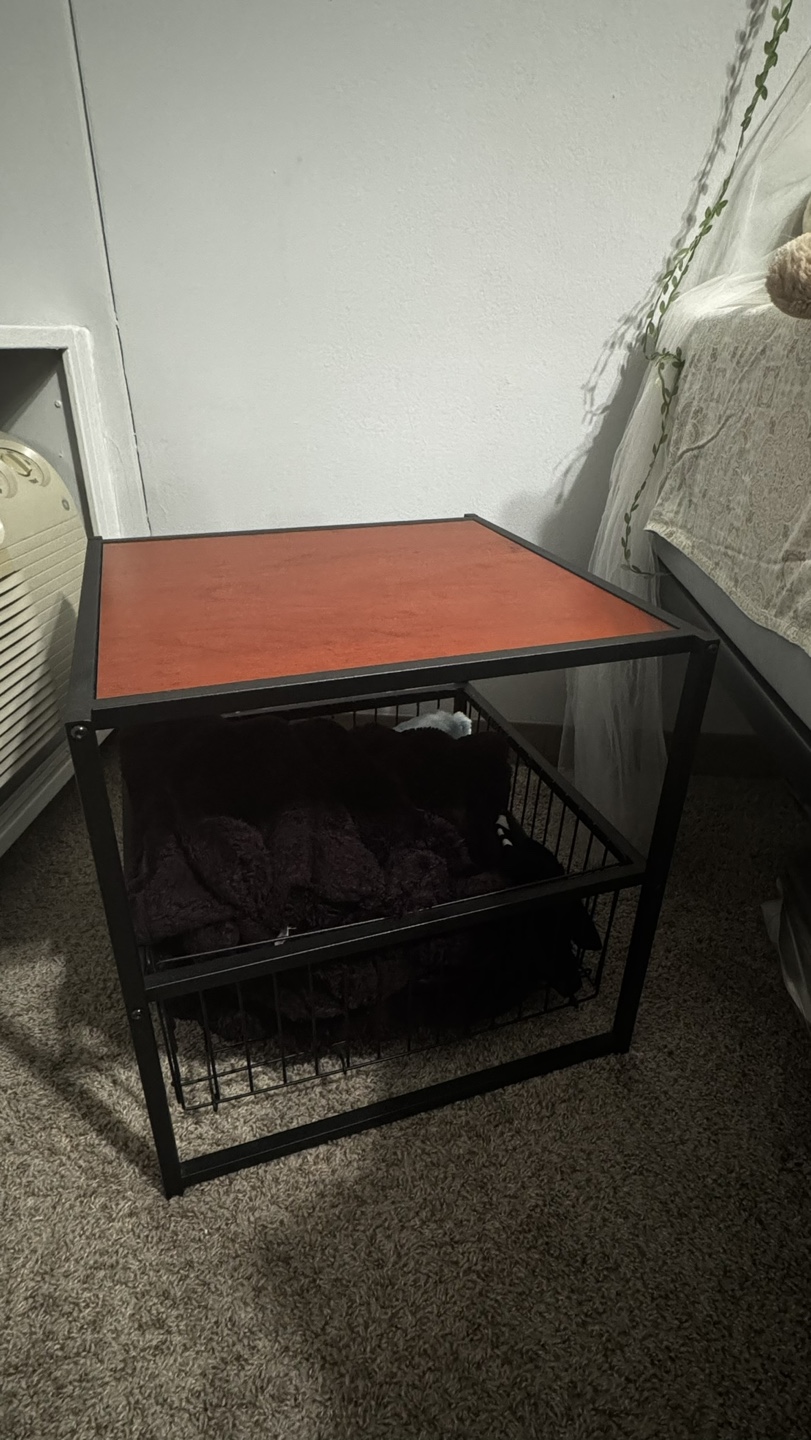 Small Wooden End Table with Metal Basket