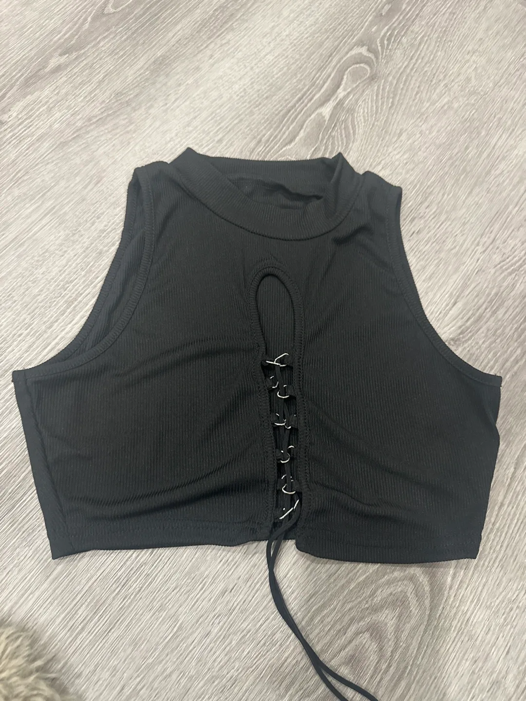 Black Ribbed Lace-Up Crop Top thumbnail