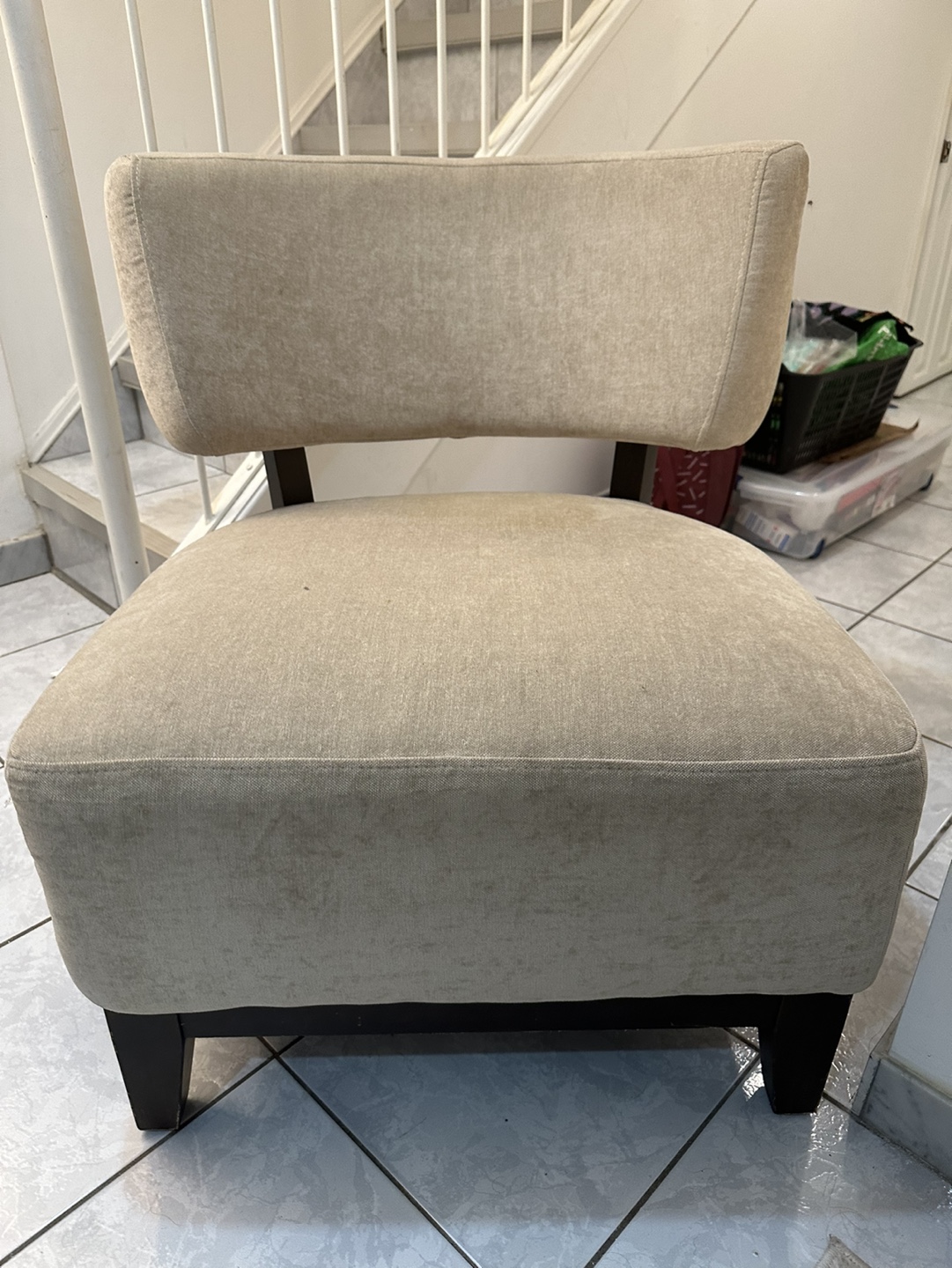 Beige Accent Chair with Dark Wood Legs