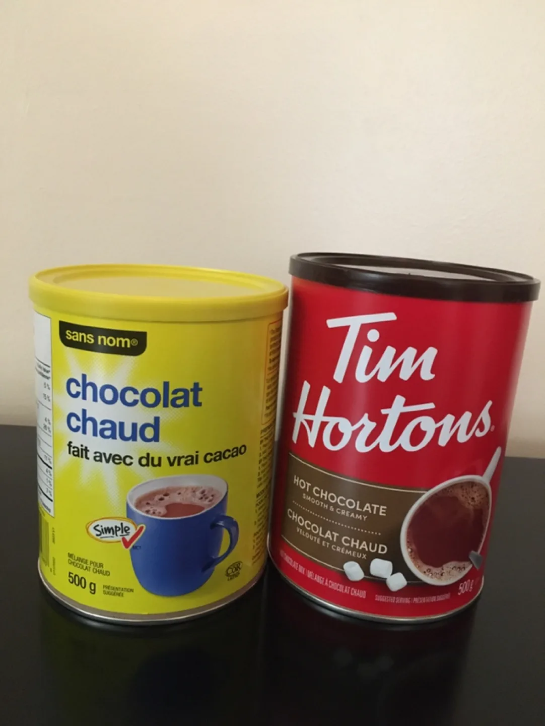 Two cans of hot chocolate: Tim Hortons and Sans Nom thumbnail